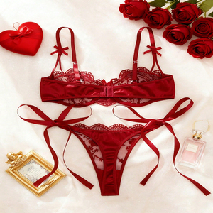 Completo Set <span class=keywords><strong>Lingerie</strong></span> <span class=keywords><strong>da</strong></span> <span class=keywords><strong>Sposa</strong></span> in Raso Rosso Vino Trasparente con Pizzo, Reggiseno e Slip con Fiocco - Vendita Calda dalla Fabbrica - Product Image 5