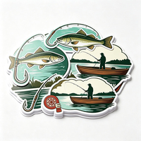 Autocollants de pêche en plein air en vinyle PVC blanc, motifs de silhouettes de pêcheurs, hameçons, cannes à pêche, lacs, bateaux, graphiques brillants, imperméables et résistants aux intempéries