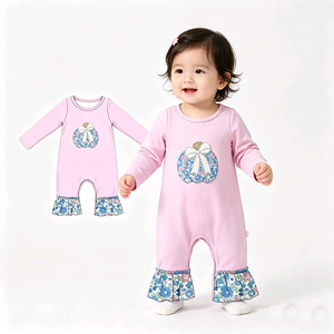 Combinaison bébé fille personnalisée en coton (95% coton, 5% élasthanne) avec imprimé floral et nœuds citrouille d'automne, vente en gros, vêtements pour nouveau-nés et sœurs - Product Image 1