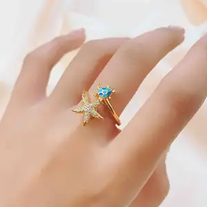 Cubic Zirconia Turtles And Rotating Starfish Gold-plated Rings