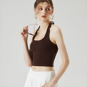 महिलाओं की सेक्सी ऑफ-द-कंधे की फसल शीर्ष हैल्टर गर्दन के साथ मसालेदार चिक लुक के लिए अंतर्निहित ब्रा शॉर्ट बुना हुआ अवकाश स्टेपल - Product Image 5