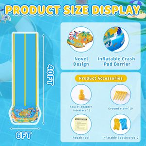 Tobogán Acuático con Estampado Tropical Azul y Amarillo, con Aspersor y 2 Tablas de Boogie para Niños, para Carreras en el Patio Trasero - Product Image 2