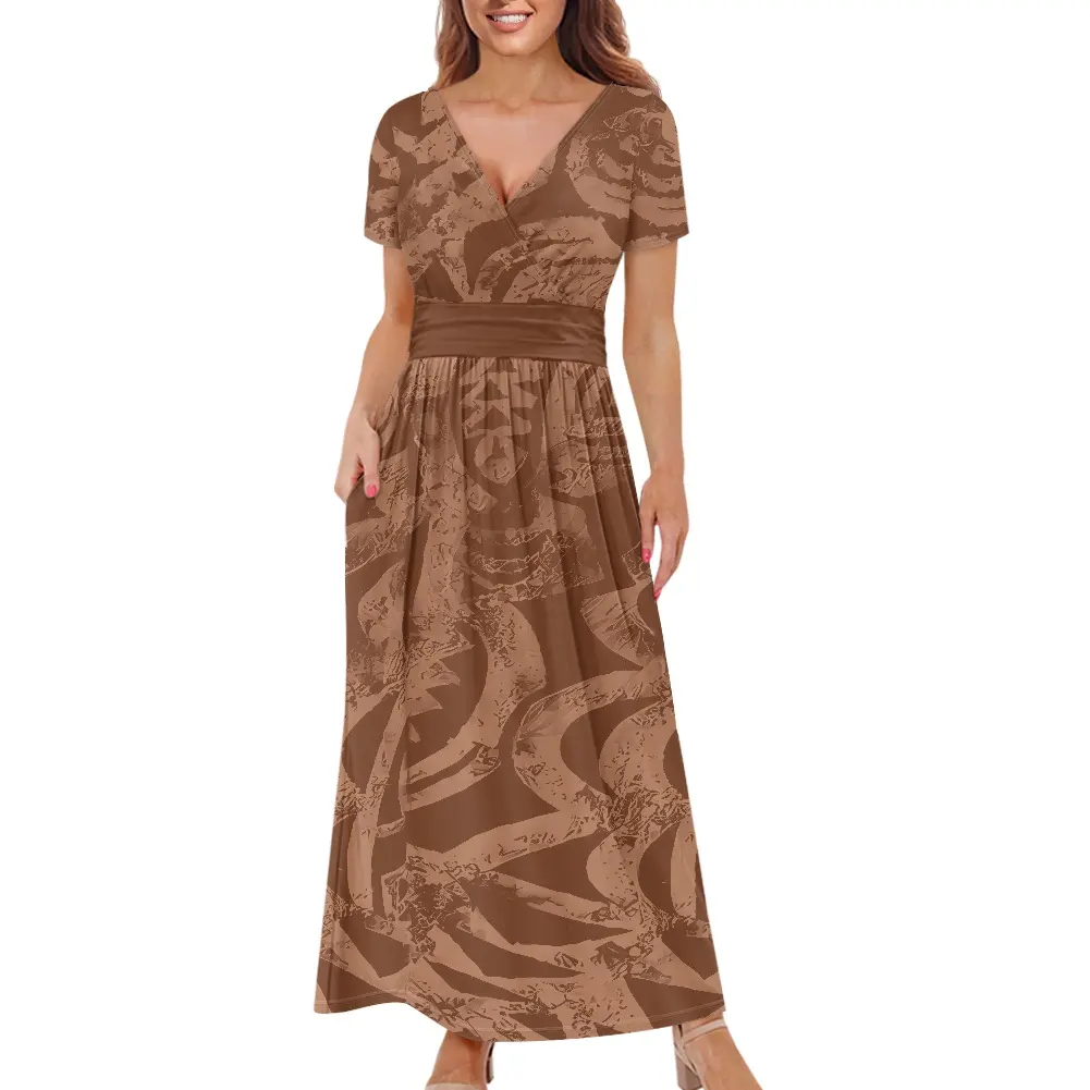 Promotional Polynesian Elei Tribal Design Custom Big Size 3XLSexy Close-fitting Women V-neck Short-Sleeved Dress