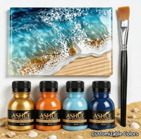 Kit de bricolage pour la création de objets en résine coulée |   60 ml Pigment de peinture fluide 4 couleurs, Scellant de finition époxy et Résine pour la création d'œuvres d'art en résine sur le thème des coquillages de plage et des vagues océaniques