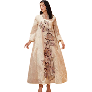 Robe Abaya Maxi Élégante et Modeste en Tulle pour Femmes Musulmanes, Été, Mariage, Appliques Florales, Col, Manches Longues, Broderies, Paillettes, Aïd 2026 - Product Image 1