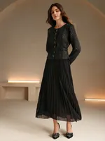 Fabricant OEM ODM sur mesure, robe en tweed noir pour femme, style veste deux pièces, jupe plissée à paillettes, ceinture, hiver, sur mesure