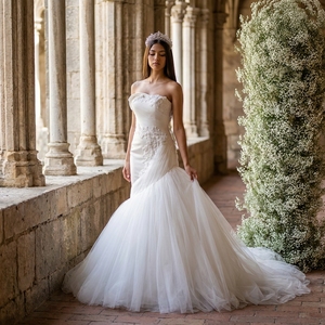 Nt130 Luxury Mermaid <b>Wedding</b> <b>Dress</b> Satin Bridal Gown With Lace Applique and <b>Puffy</b> Tulle Train Jancember - Product Image 1