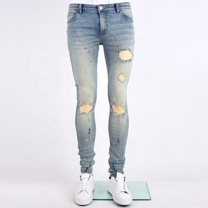 Edge Demin Custom Painted <strong>Drip</strong> Splatter <strong>Jeans</strong> Washed Ripped Vintage <strong>Skinny</strong> Men <strong>Jeans</strong> Denim Bleaching - Product Image 1