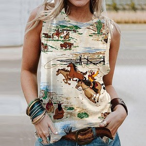 <strong>Women</strong> Western <strong>Cowboy</strong> Print Sleeveless Tank Top Vintage Country Horse Horseshoe Graphic Casual Summer Vest T <strong>Shirts</strong> Wholesale - Product Image 2