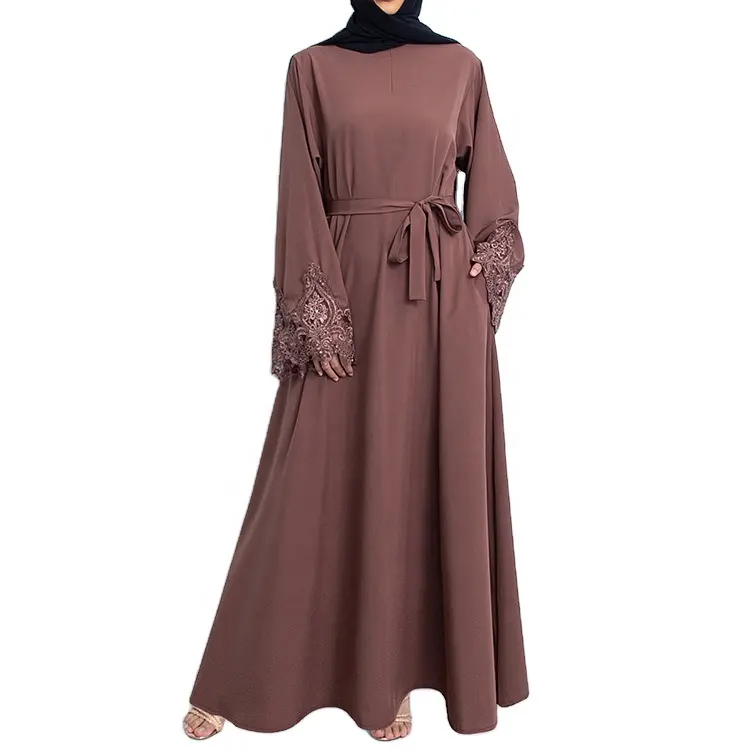 Fashion Trend Wholesale Solid Color Pink Bow Knot Belt Long Sleeve Robes For Women Middle East Muslim Embroidery Long Dress