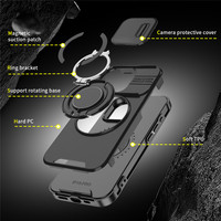 Étui de téléphone multifonction avec anneau rotatif à 360° et fenêtre coulissante pour objectif d'appareil photo pour iPhone 16 15 14 13 Pro Max