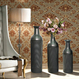 Ensemble de 3 vases décoratifs en métal, motif feuilles noir et gris, vases sur pied, vases hauts noirs et gris pour la décoration de la maison - Product Image 4