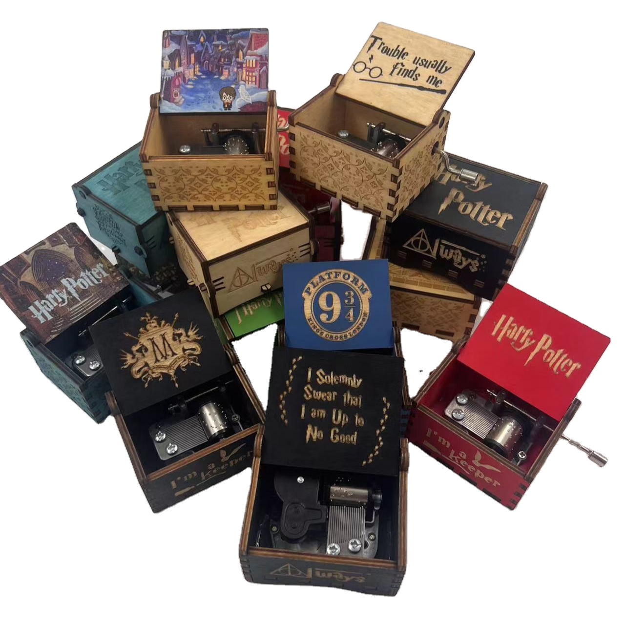 Fábrica al por mayor láser tallado personalizado mini madera Harry película Potter manivela caja de música de madera para regalos de cumpleaños