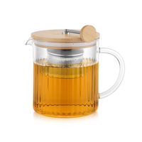 Théière en verre borosilicate transparent avec couvercle en bambou naturel et filtre amovible pour la préparation du thé, compatible avec le cuisinière et le micro-ondes