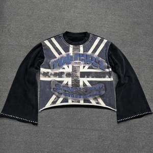 Custom Vintage DTG Printed Letter Pattern 100% Cotton Acid Wash Oversized Rhinestones Boxy Fit Long Sleeve O-Neck <strong>Shirt</strong> for Men - Product Image 1
