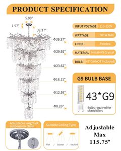Lustre <span class=keywords><strong>en</strong></span> cristal K9 de luxe argenté à 6 niveaux, 75 pouces, 43 lumières, moderne, long et grand, pour hall d'entrée, escalier à plafond haut - Product Image 2