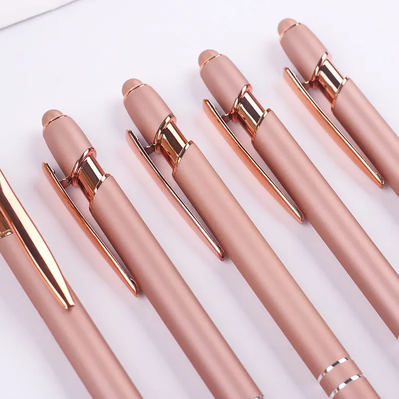 Luxury Promotional Beige Ball Pen Rose Gold Pink Advertise Ballpoint Pen Touch Screen Aluminum Metal Pen with custom logo print