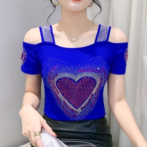 Luxury Diamond <strong>Red</strong> Heart Women <strong>Tops</strong> Square Collar Rhinestone T Shirts Double-layer Ice <strong>Silk</strong> Mesh Breathable T-shirt for Girls - Product Image 1
