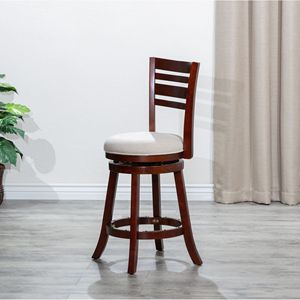 Taburete de Bar Db de 24 Pulgadas de Altura, Acabado en Cerezo, Estructura de Madera Maciza, Asiento de Tela Beige, Diseño Contemporáneo para Comedor - Product Image 3