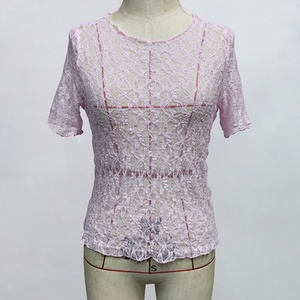 Camiseta de Mujer al por Mayor, Personalizada, OEM, ODM, de Alta Calidad, con Cuello Redondo y Encaje, Manga Corta - Product Image 3