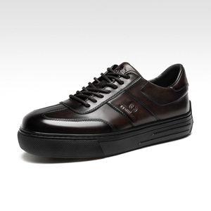 Men's Casual Leather Sneakers <b>Top</b> Layer Cowhide Mid Heel Solid Color Front Laces <b>Walking</b> Style Shoes - Product Image 1
