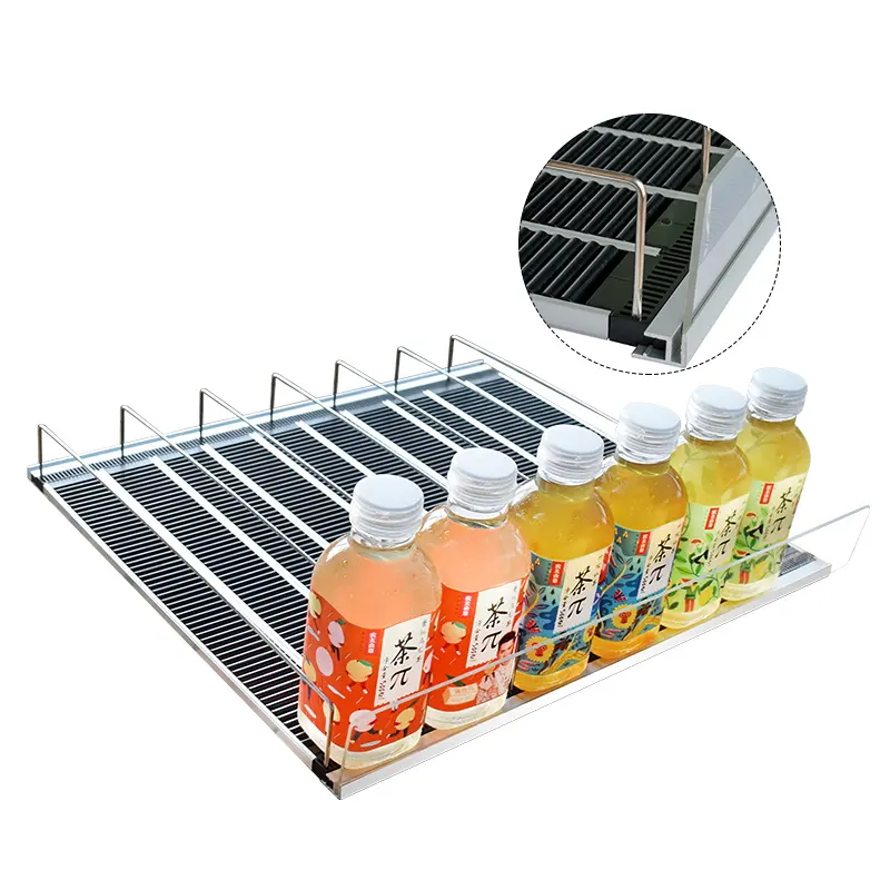 Süpermarket yerçekimi besleme raf rulo içecek vitrin rafı özel plastik raflar perakende mağaza rafı makaralı itici sistemi