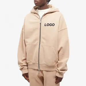 OEM Custom Blank Plain Drop Shoulder 100% Cotton French Terry Heavyweight Oversized Fullzip Up Hoodie For Men