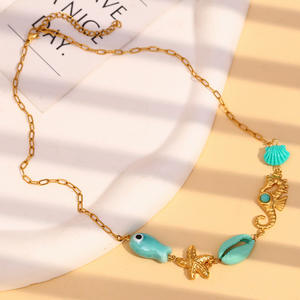 Verano playa océano moda 18K chapado en oro Acero inoxidable impermeable joyería Shell pez caballito <span class=keywords><strong>de</strong></span> <span class=keywords><strong>mar</strong></span> estrella <span class=keywords><strong>de</strong></span> <span class=keywords><strong>mar</strong></span> collar <span class=keywords><strong>de</strong></span> cadena - Product Image 2