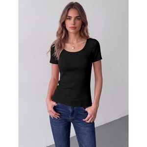 Womens Ribbed Knit Top Short Sleeve Scoop Neck Fitted Basic Tee Casual Summer Wear - Product Image 2