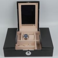 Montre en bois noir brillant et organisateur de bijoux Boîte de rangement de bijoux élégante avec compartiments de doublure en velours Serrure à empreintes digitales