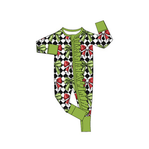 Preorder Kids Clothes NO MOQ Long Sleeve Christmas Red Green <b>Bow</b> Zip Romper <b>Baby</b> Clothes - Product Image 1