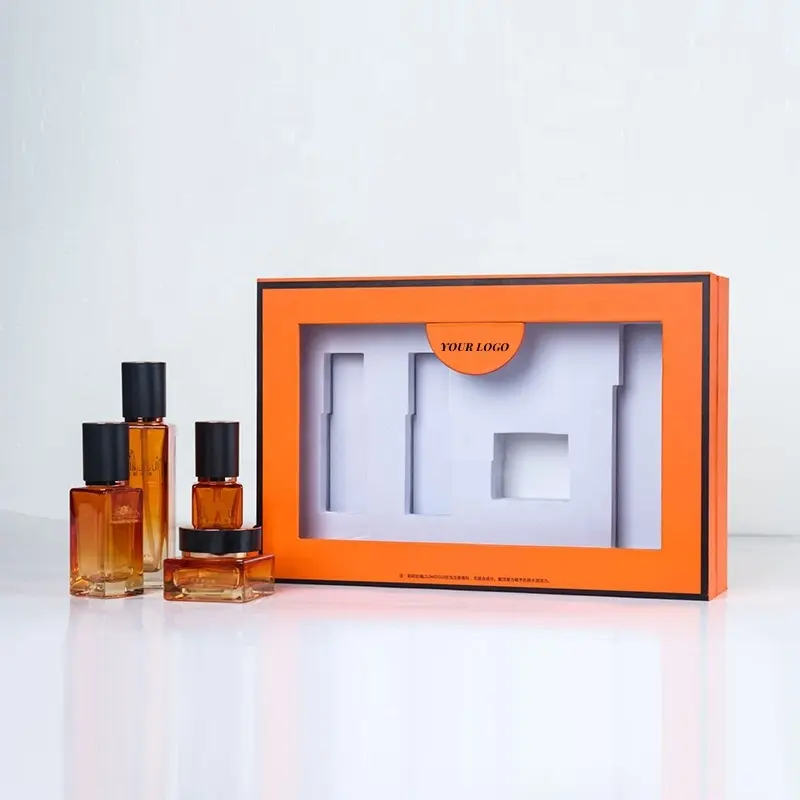 Oem tapa personalizada y base caja de papel naranja lápiz labial cuidado de la piel conjunto de productos cosméticos cajas de embalaje para cosméticos de pequeñas empresas