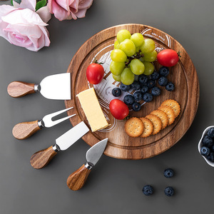 Acacia Wood <b>Cheese</b> Board Round With <b>Knife</b> Fork <b>Set</b> For Hotel Coffee Tea Serving Tray - Product Image 1