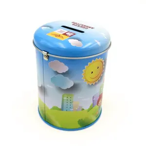 Tin Coin Bank Hotsale Customized Round Cartoon Coin Bank Tin Can With Lock And Key For Children