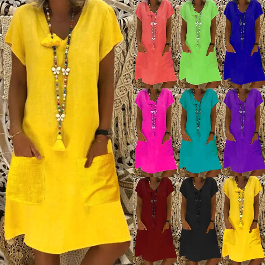 Women's Summer Casual Loose Dresses Plus Size Short Sleeve V Neck Split Midi Dress with Pockets