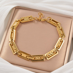 Fashionable Solid Wide Rectangular <b>Engraved</b> Mirror Smooth Vintage Reflective Refined Unisex Stainless Steel 18K Gold Trendy - Product Image 1