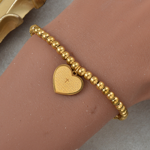 Cadena de mano minimalista chapada en oro de lujo con cierre extensible, cuentas redondas, corazón y cruz con inscripción, para mujeres, pulseras - Product Image 3