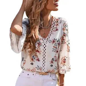 Wholesale Lady Casual Flower Printing Clothes 2023 Summer Fashion Lace Floral Pink Blue Oversize Pagoda Sleeve Chiffon Shirts