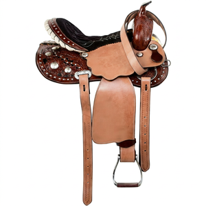 Selle de cheval en cuir repoussé style western - Selle de cowboy à motifs floraux avec étriers - Product Image 1