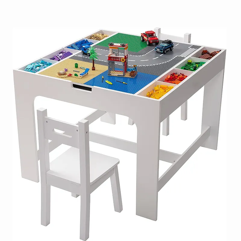 레고 및 듀프로 브릭 활동 테이블 놀이 세트 가구와 호환되는 수납 공간이 있는 어린이 2 in 1 플레이 테이블 및 2 의자 세트