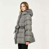 Veste courte matelassée en duvet à motif pied-de-poule pour femme, avec ceinture à nœud, élégante pour l'hiver, fabriquée sur mesure par JF1919