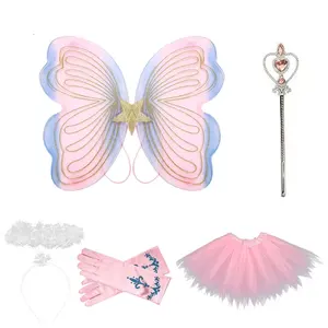 5件套女孩公主仙女服装套装，带翅膀图图魔杖光环头带和3-7岁儿童手套