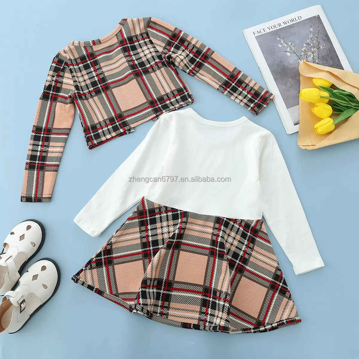 2022 Autumn Girls' Tops Suit Plaid Printed Dress Babies Dresses And Suits