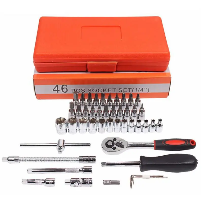 HENGLAI Mobil Perbaikan Alat Kit 46Pcs 1/4 Inci Socket Set Ratchet Kunci Combo Alat Auto Perbaikan Alat Set