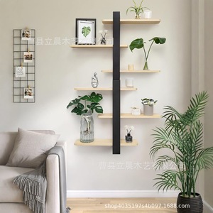 Wooden <b>Wall</b> <b>Mounted</b> <b>Shelf</b> 3 Tier Black Frame Natural Wood <b>Shelves</b> For Home Living Room Plant Display Storage Rack - Product Image 3