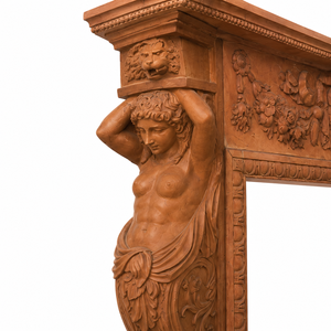 Cheminée traditionnelle en marbre avec sculptures ornées, en pierre rouge coucher de soleil, foyer intérieur à bois pour salle à manger - Product Image 4