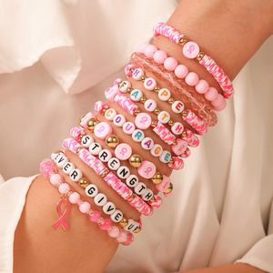 Fashion Jewelry Pink Ribbon <b>Beaded</b> <b>Bracelets</b> For Women Gift Motivational Friendship Jewelry With Alphabet Charms - Product Image 3