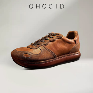 QHCCID Chaussures de marche décontractées pour hommes en cuir véritable marron, fabriquées à la main en Italie, en cuir de cheval, style rétro, avec amorti et talon bas - Product Image 2