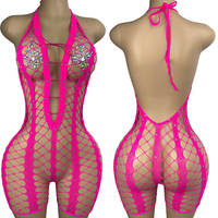 W.E. Tenue de performance de danse de salon faite à la main en résille, dos nu, style halter, pour strip-teaseuse
