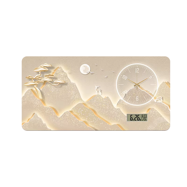 Modern Luxurious Mountain Deer Wall Clock with Calendar and Temperature Display - for Decoration in Living Room and Bedroom